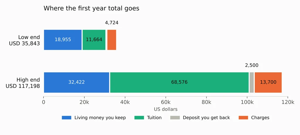 Cost of studying in the USA for one year, from F 1 visa fees to health cover and first week setup, with every figure in US dollars.