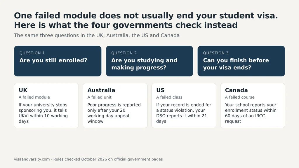 Fail a module student visa checks in the UK, Australia, the US and Canada Chart comparing student visa checks in the UK, Australia, the US and Canada, when you fail a module